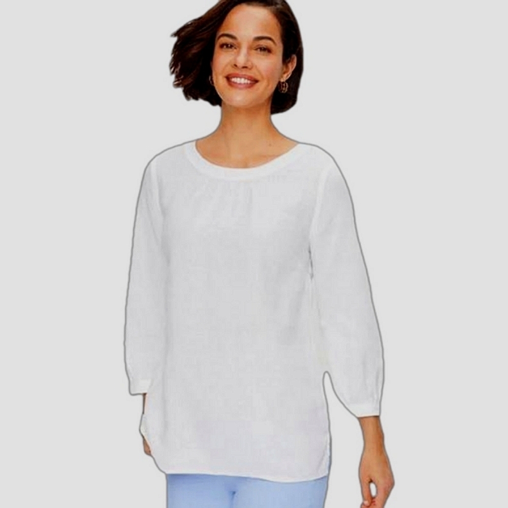 Talbots White Linen, Button-Back 3/4 Sleeve Flowy Airy Poet Shirt, Breezy Blouse